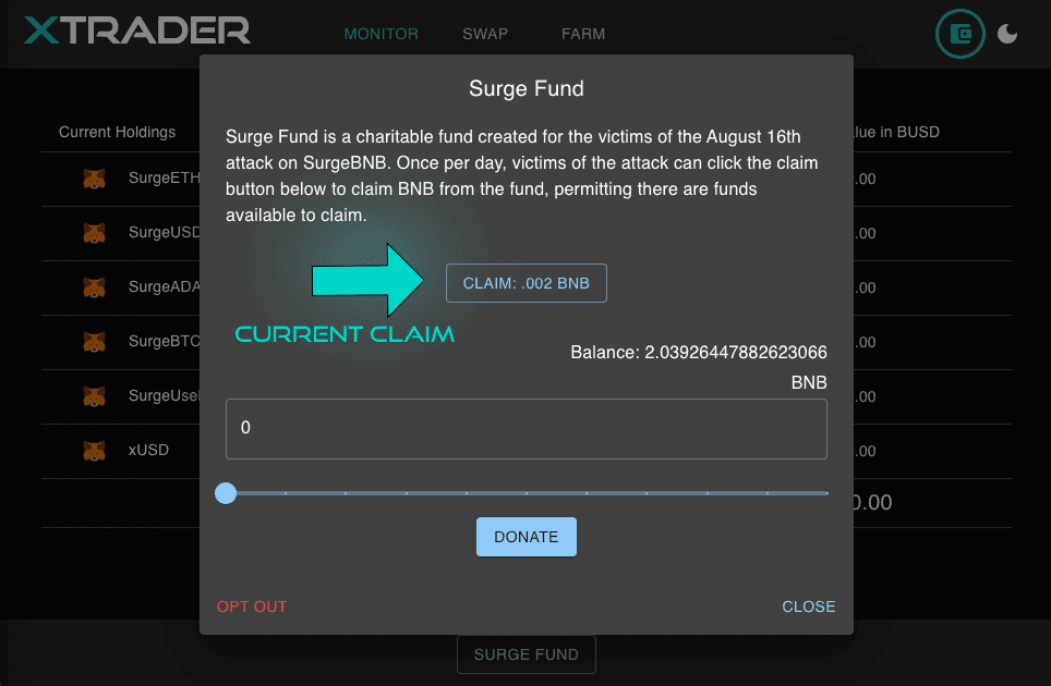 Xtrader Main dApp Surge Fund Popup